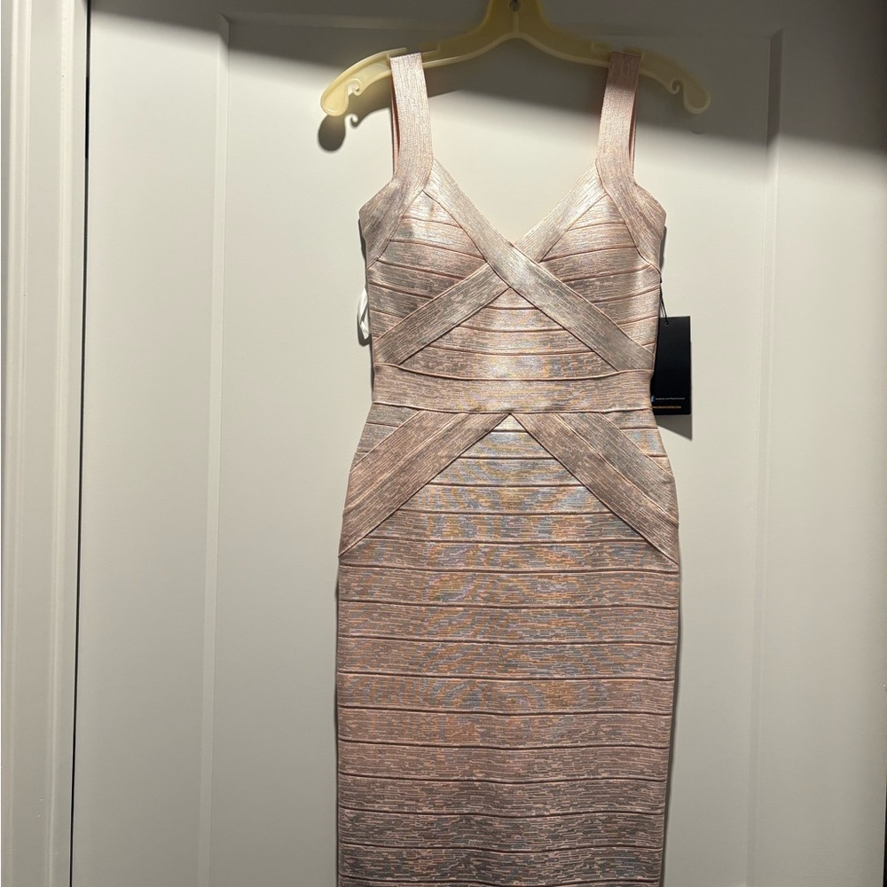 Terani Couture Pink Bodycon Midi Dress Sweetheart Neckline